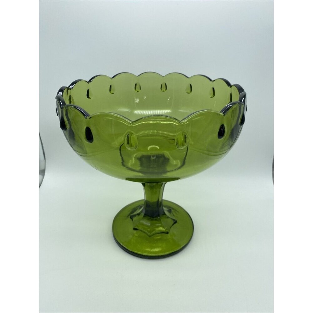 Indiana Glass Teardrop Olive Green Footed Compote 7.75" Tall 7.5" Diameter 1960s - Picture 4 of 9